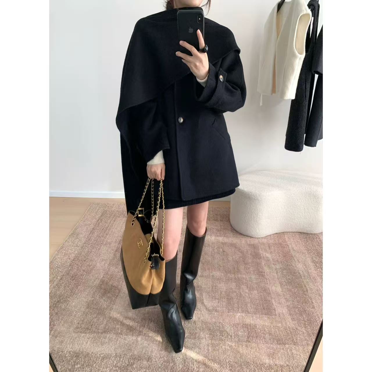 FEBRUARY黑色灰色双面羊毛围巾斗篷大衣女秋冬新款短款外套潮1197