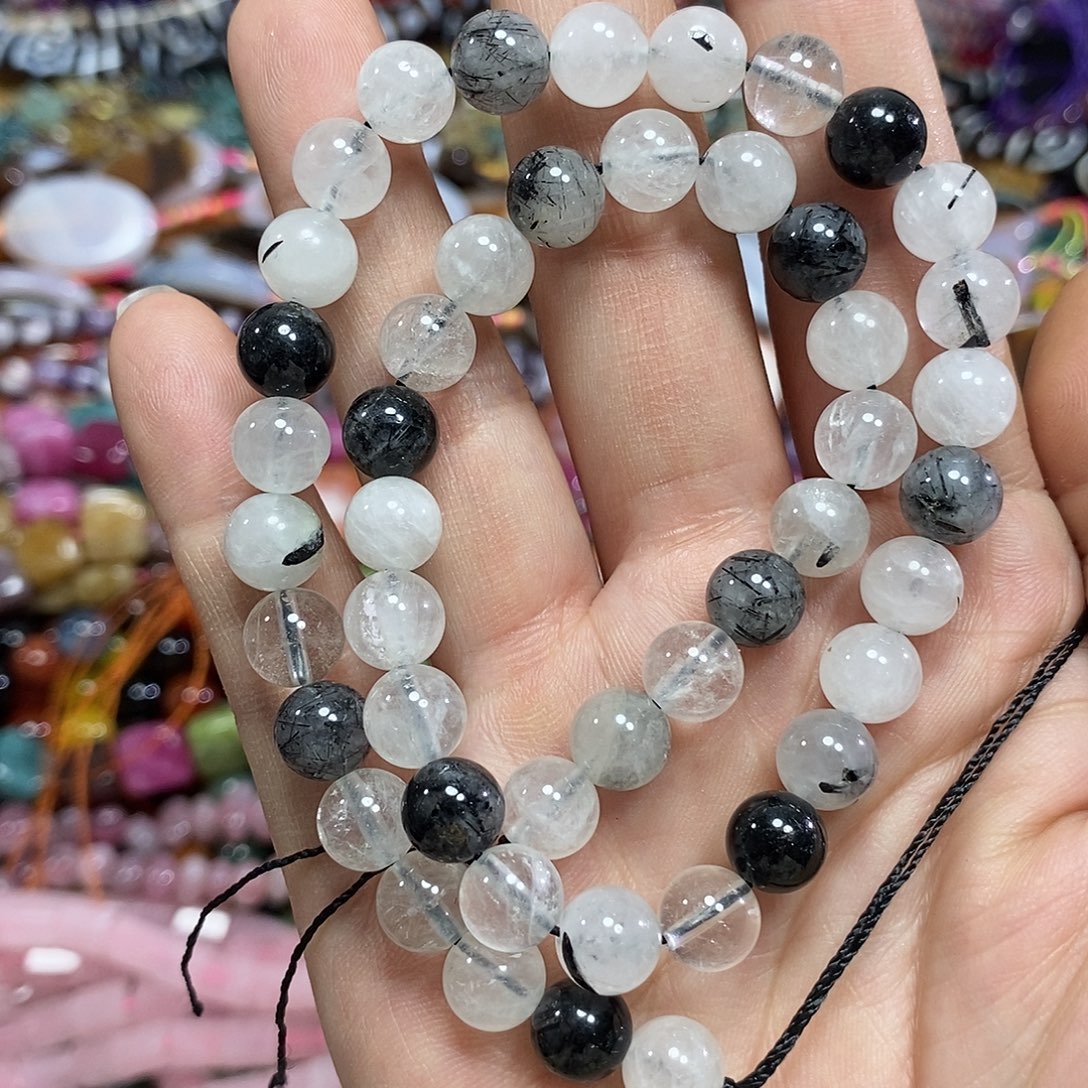 玛瑙/玉髓未镶嵌珠宝半成品黑发晶一条卡8mm