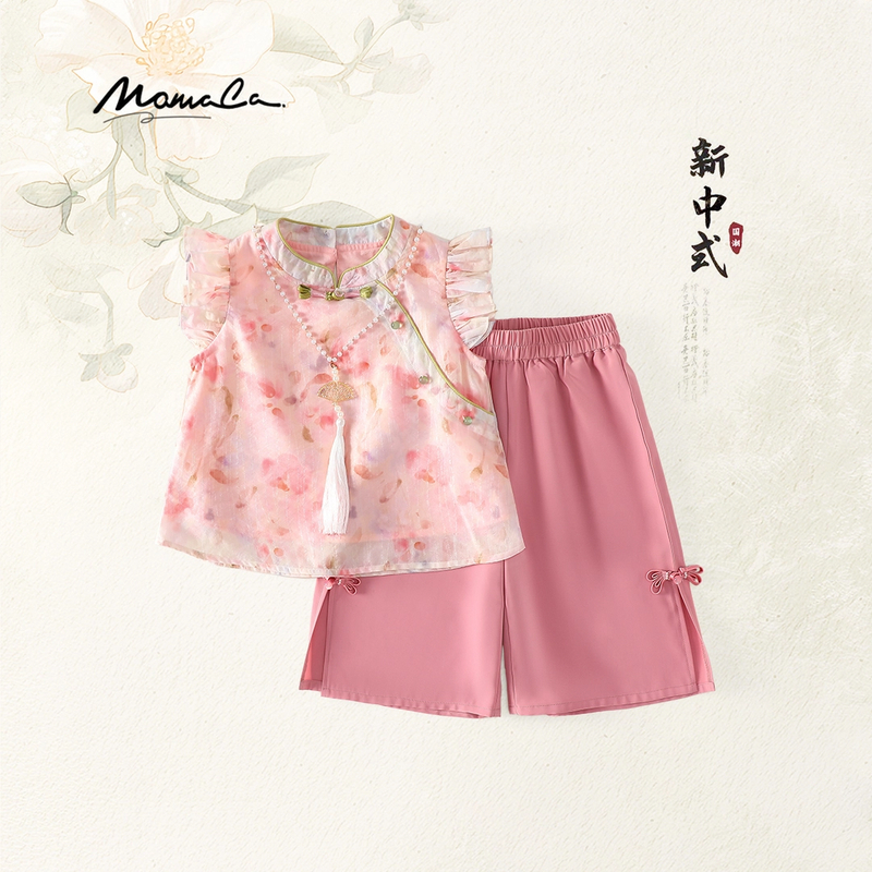 MOMOCO夏季2025新款女童国风新中式碎花七分裤套装77630578072