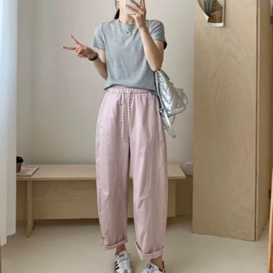 春夏季新款大码5616阔腿哈伦裤女高腰休闲抽绳款直筒萝卜裤