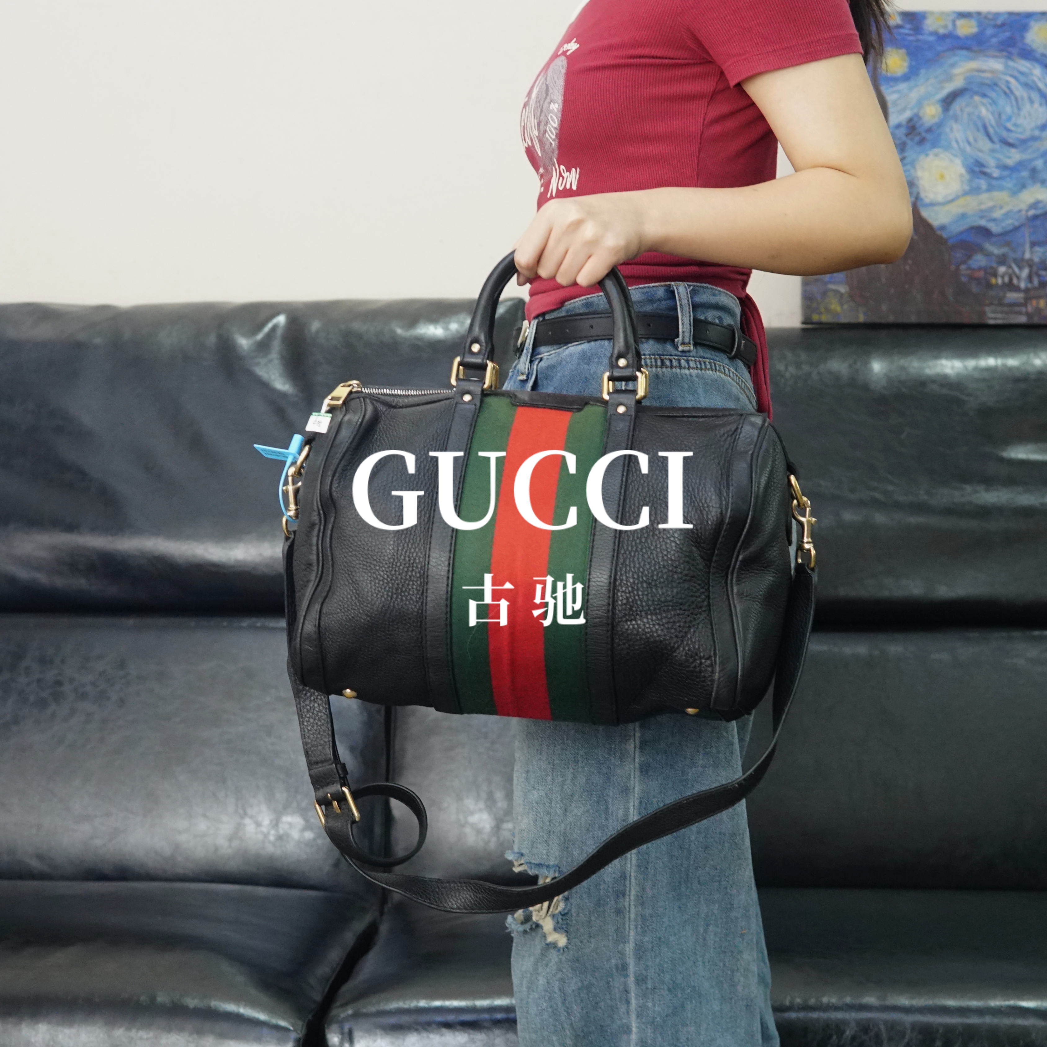 95新 GUCCI/古驰 黑色枕头斜挎包/WJ06620044/0044