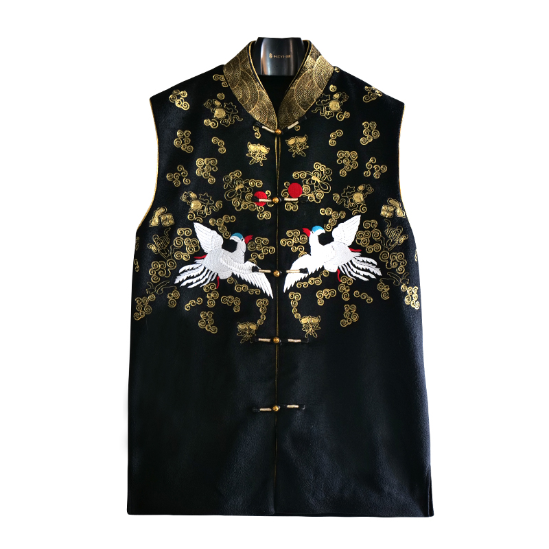 娑尔黑底仙鹤逐日祥云金丝线刺绣马夹SH4SB02609