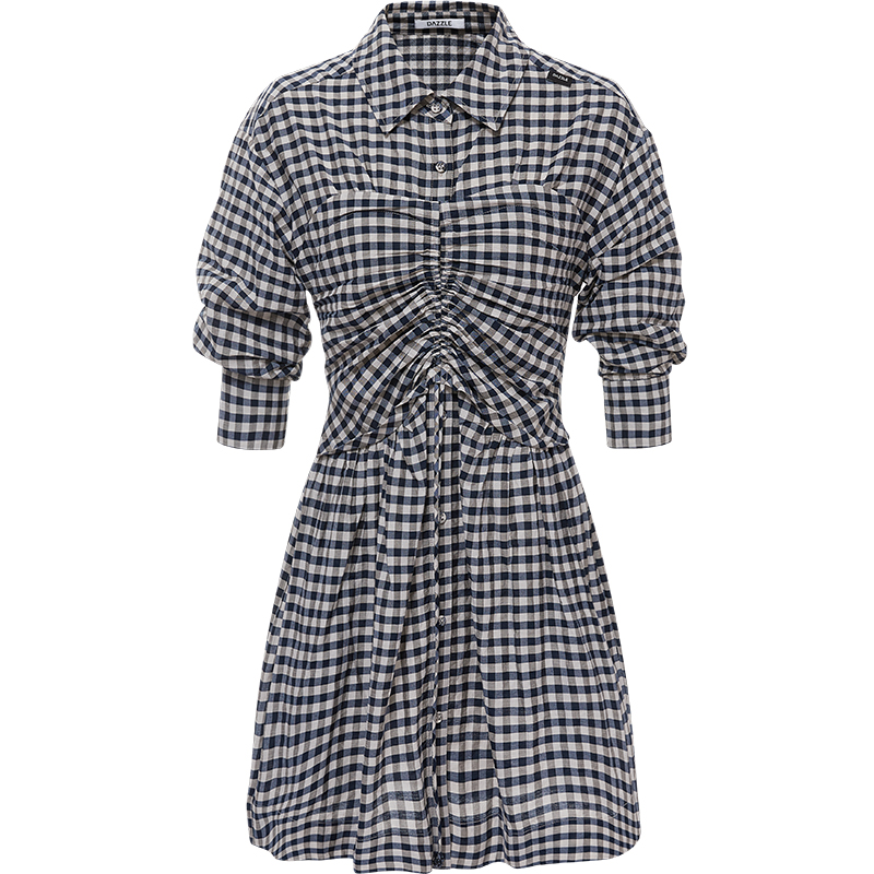 DAZZLE地素奥莱法式格纹泡泡袖连衣裙女2E3O440