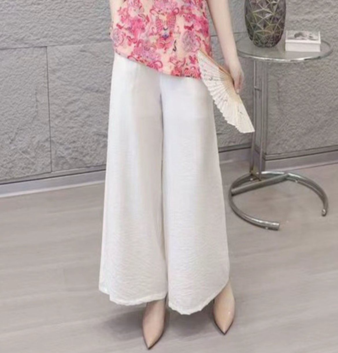 满翼夏季新款松紧腰纯色直通阔腿裤休闲百搭裤子九分裤新中式女装