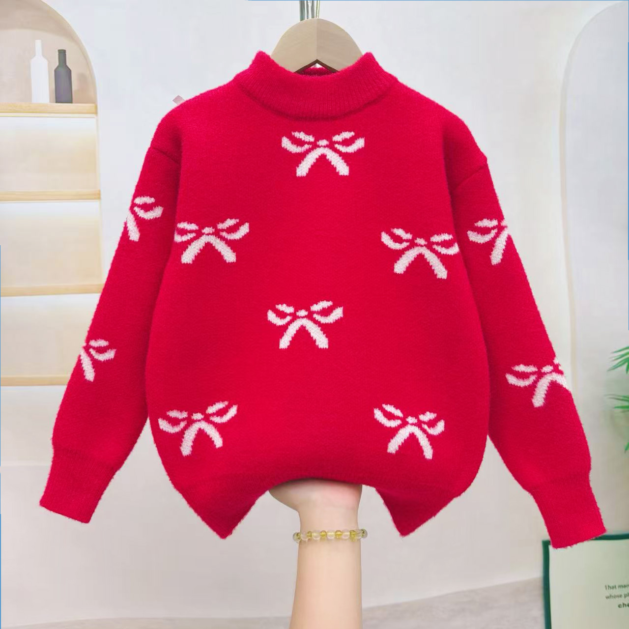 红色喜庆年服套头毛衣秋冬款冬季女中国风套装女童上衣加厚