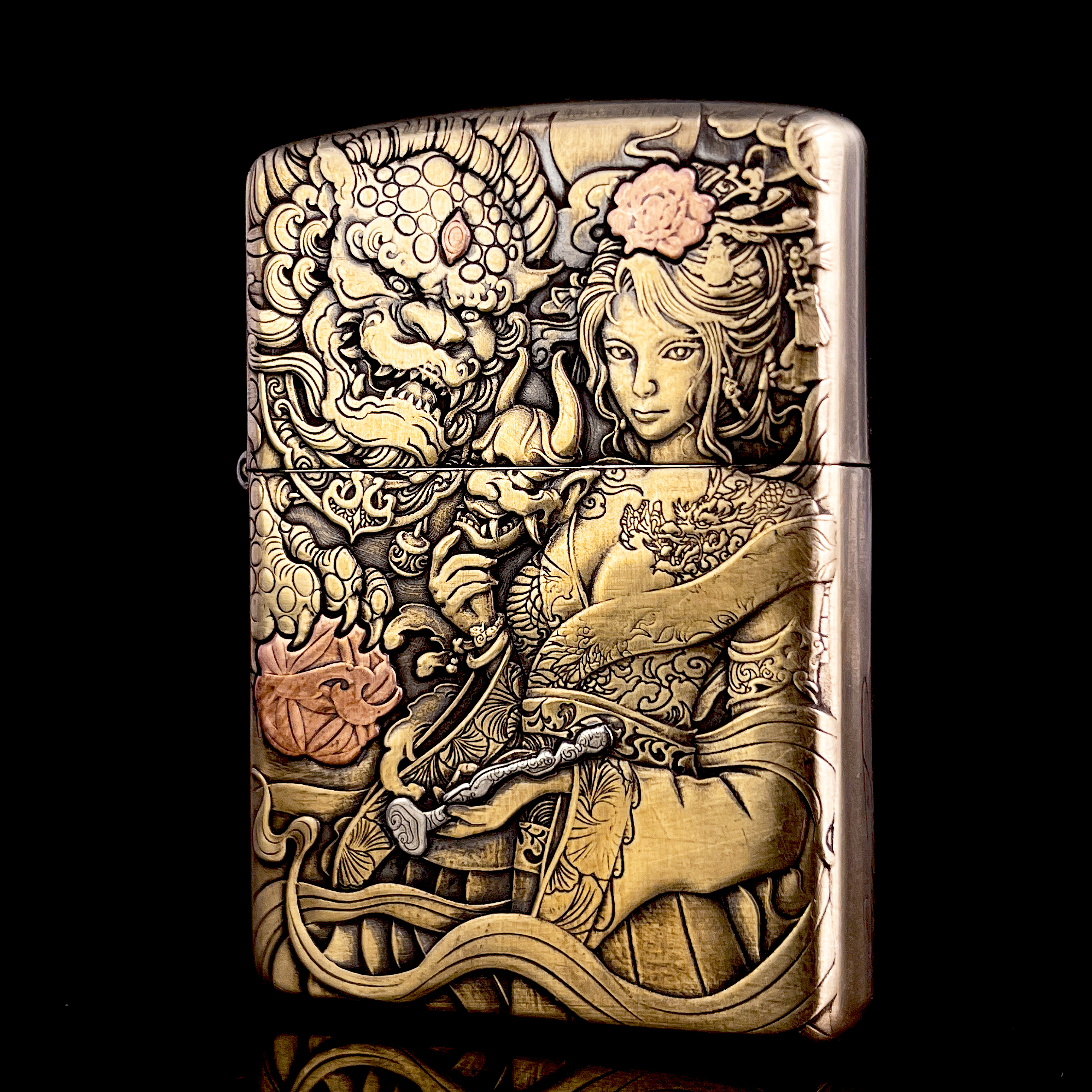 ZIPPO打火机正品/唐狮锦鲤女郎-黄铜双面浮雕DYJ1