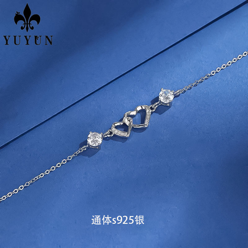 925银合成锆石手链 日韩版设计感s925纯银甜美双爱心手链女环环相