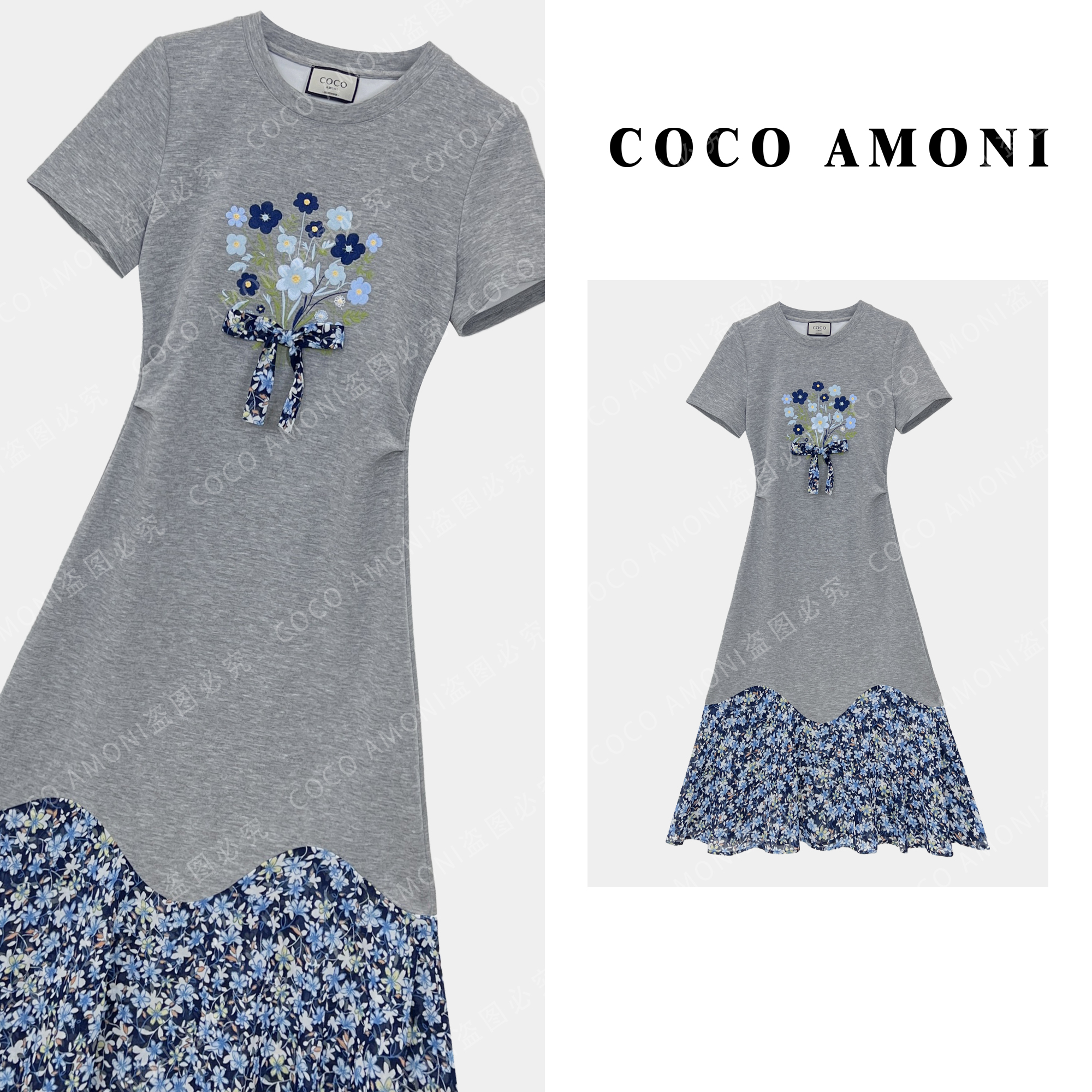 [曼姐]精致设计师定制女装拼接重工花朵气质显瘦连衣裙AC602