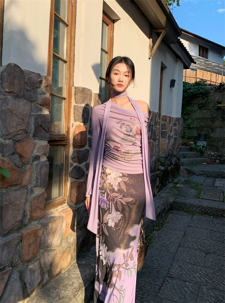 新中式复古花卉网纱弹力飘带上衣女秋季新款设计感显瘦紫色半身裙