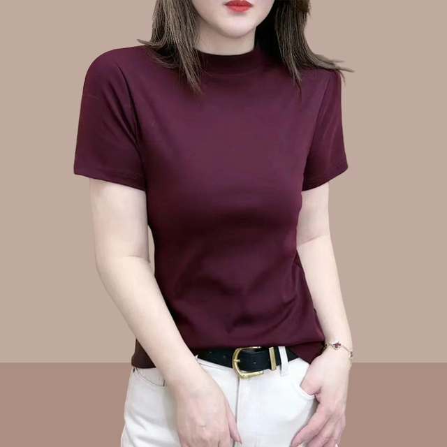 欧货高级感红色纯棉短袖T恤女夏季大码小个子洋气短款欧洲站上衣