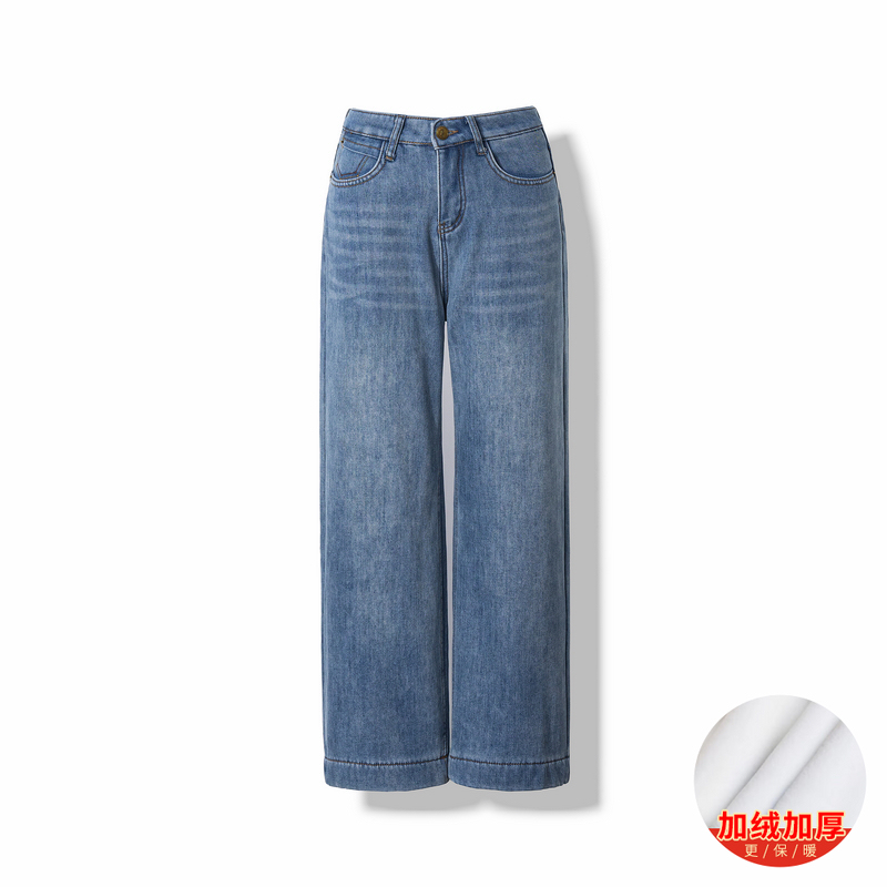 【青瑶】冬季2025新款牛仔裤女新中式宽松直筒加绒加厚国风休闲裤子