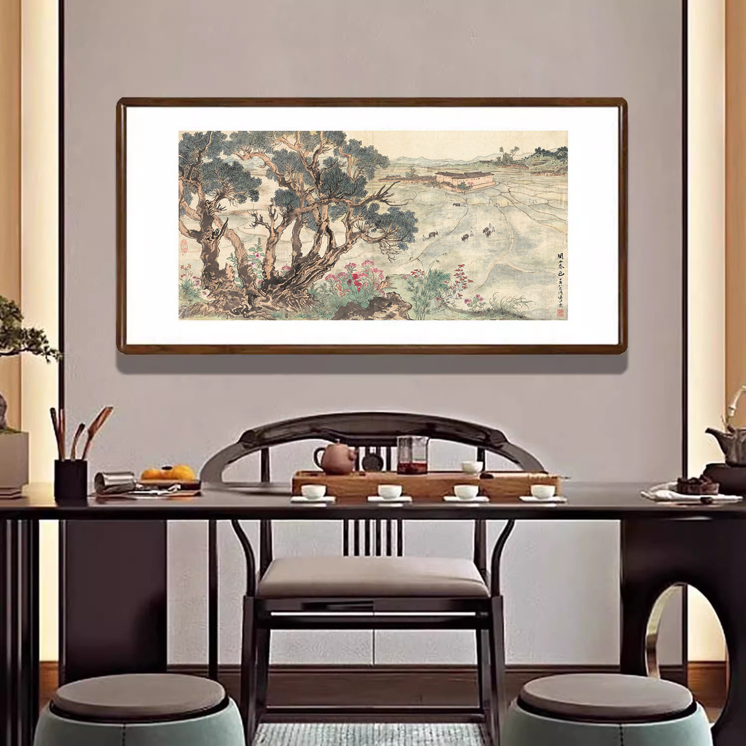 名人山水画闽西春色图新中式装饰画客厅沙发背景墙挂画办公室字画