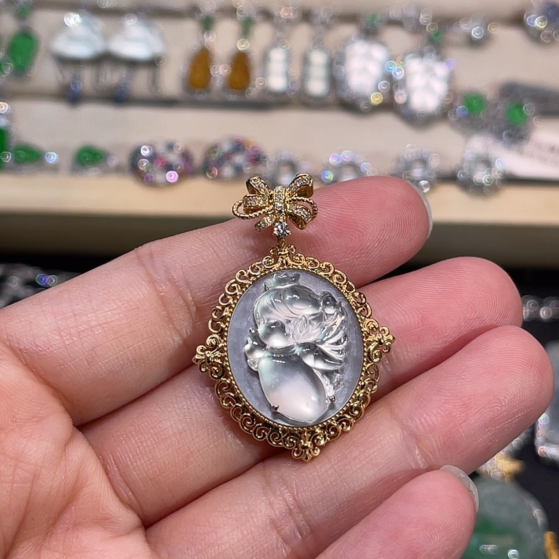 翡翠18K金镶嵌吊坠(不含链)玻璃种天使