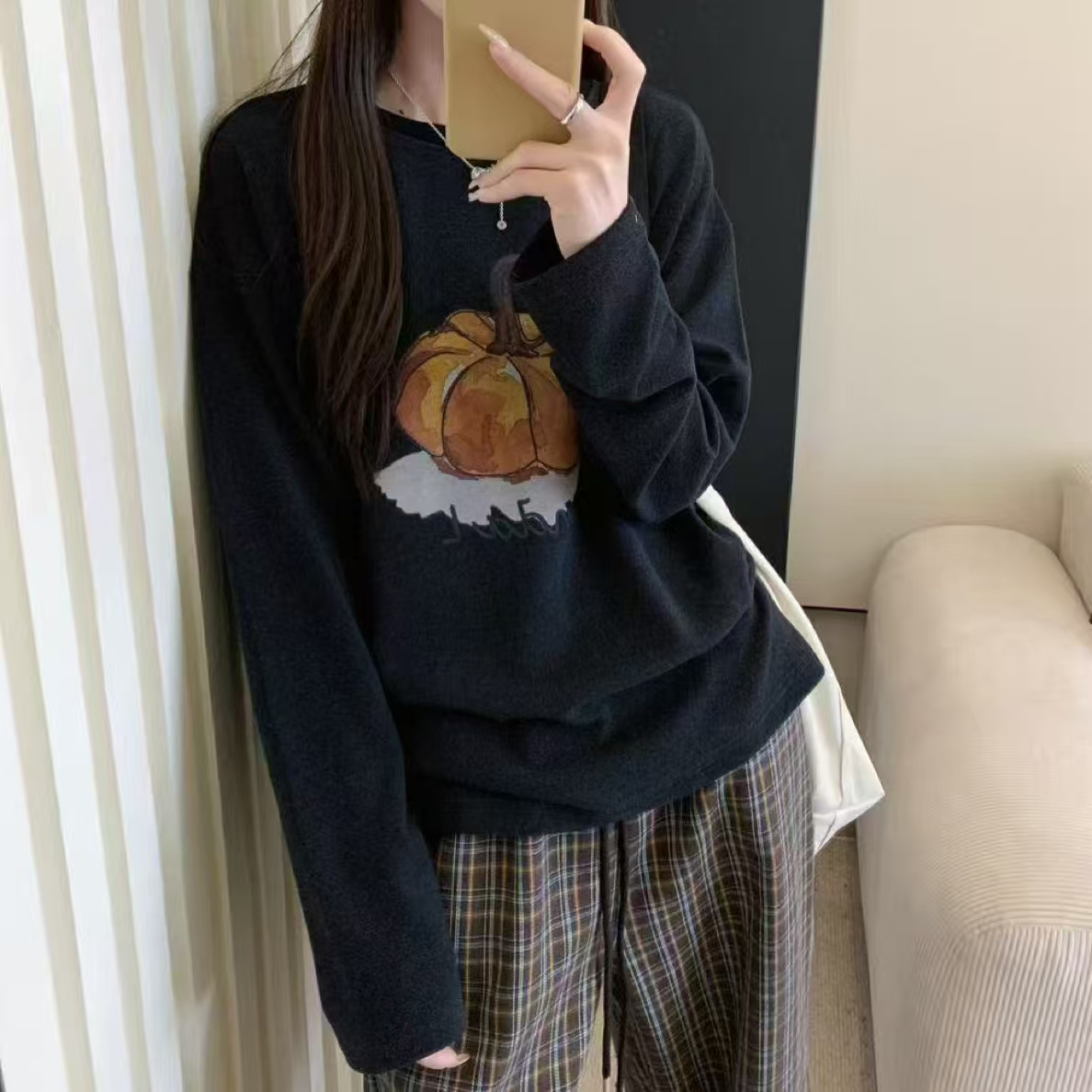 欧货～德绒，加大版，圆领纯色图案长袖T恤，均码，百搭显瘦