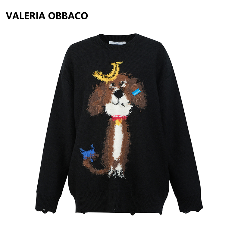 VALERIAOBBACO/瓦莱丽娅 奥贝科 VO圆领针织黑色小狗毛衣