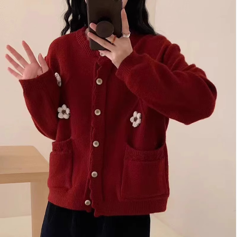 质感秋冬花朵高级设计感慵懒针织开衫甜蜜百搭日系温柔风软糯减龄