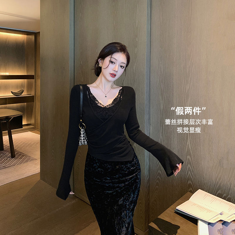 林关关【迷韵诱心】 性感V领显瘦女上衣针织黑色假两件蕾丝修身上衣