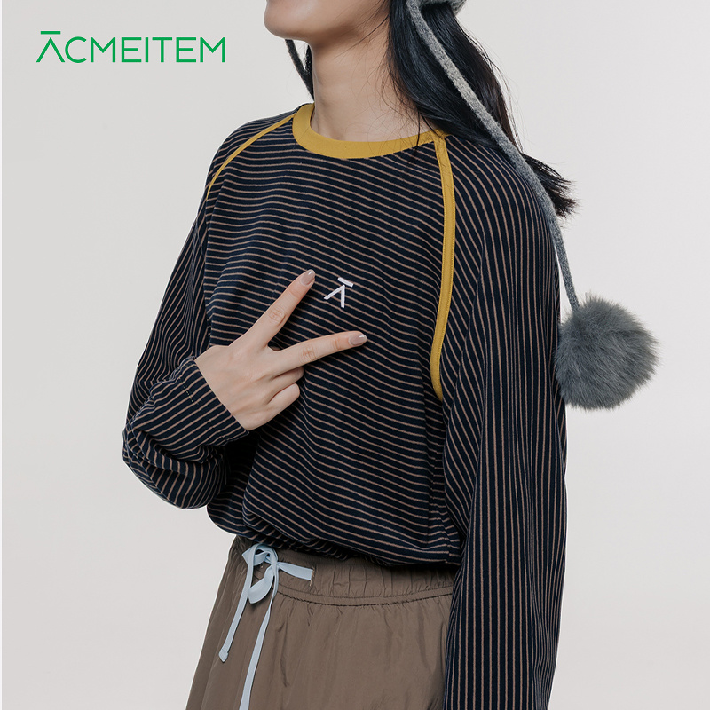 ACMEITEM爱棵米 亲子抓绒拼色条纹插肩袖保暖长袖T恤合体上衣男女