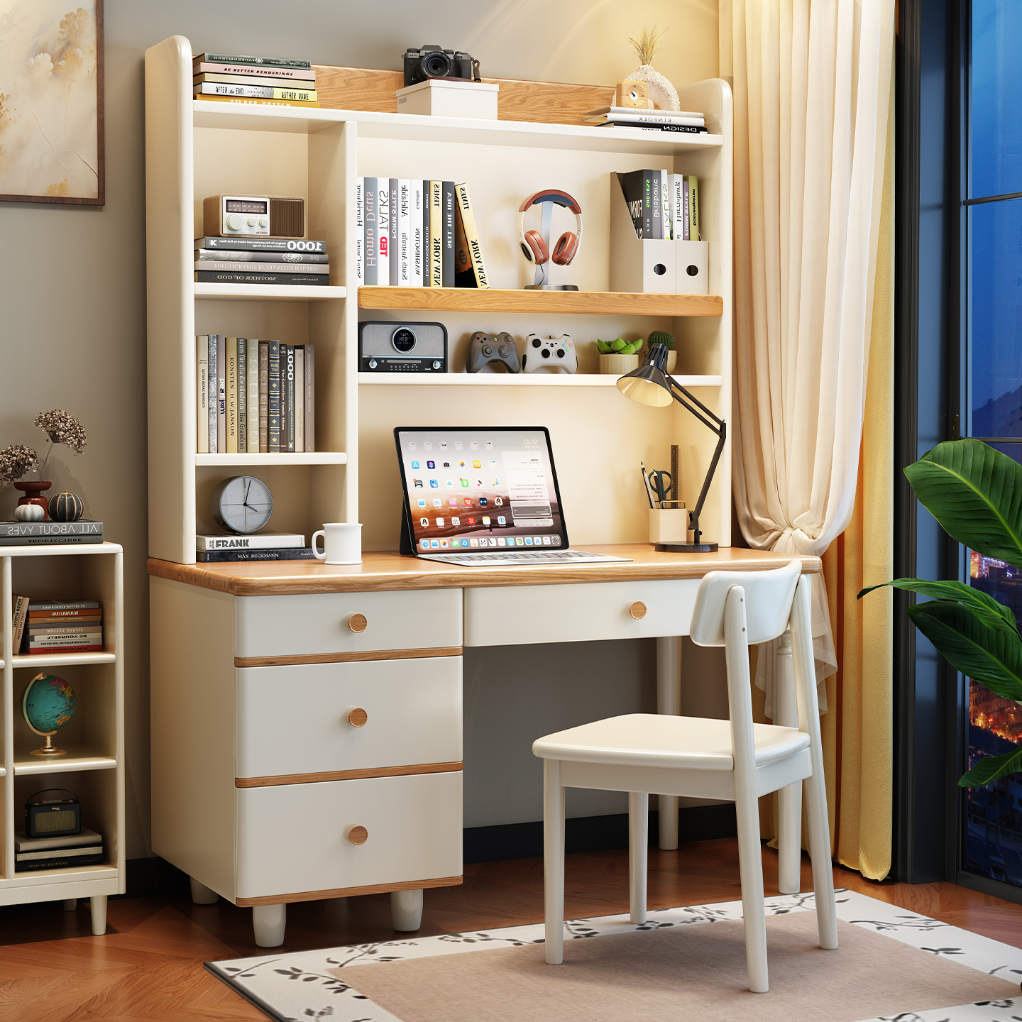 白蜡木书桌儿童写字桌书架书柜一体书房卧室电脑桌学习桌台式桌椅