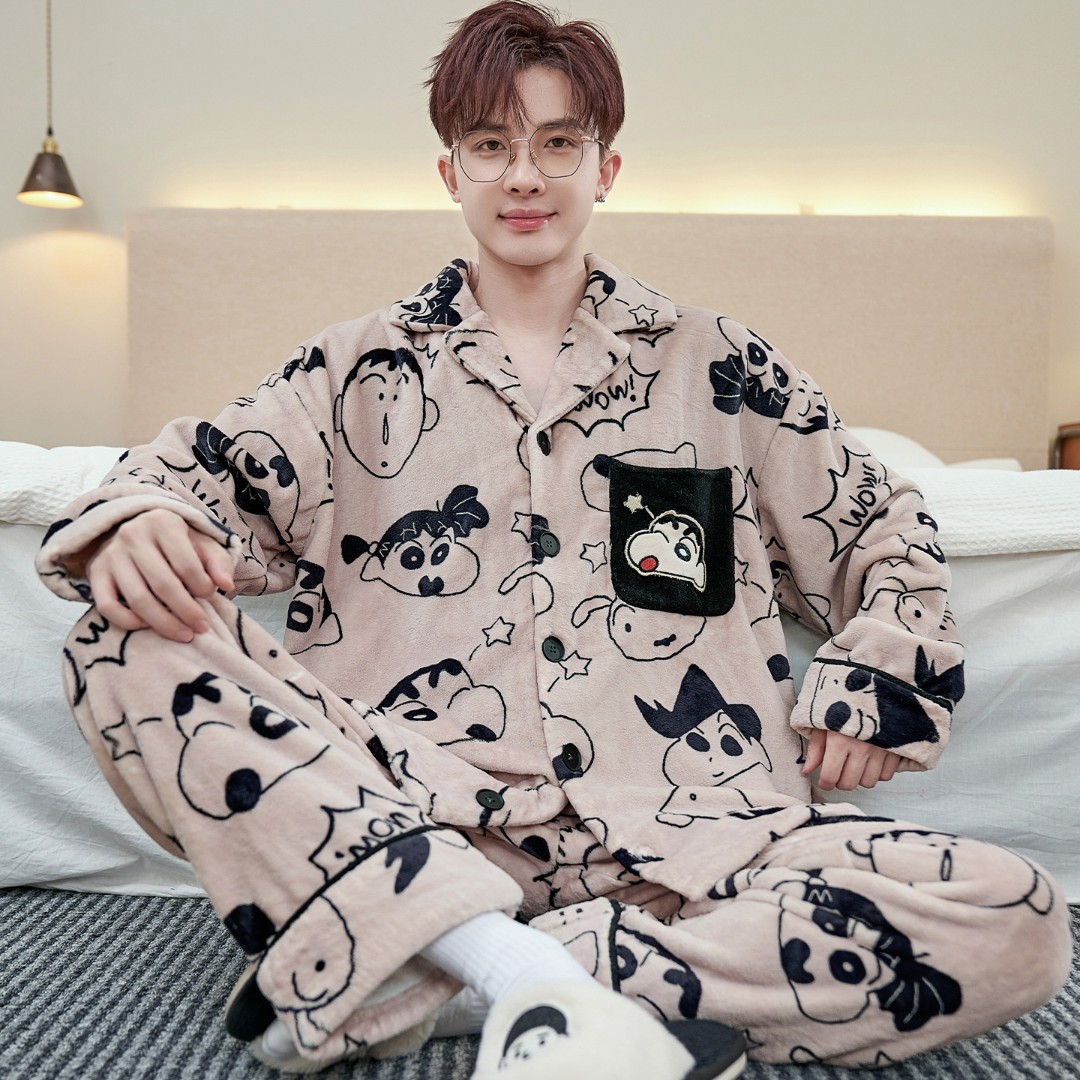 秋冬款加厚加绒珊瑚绒男士睡衣套装时尚卡通冬季男生可外穿家居服
