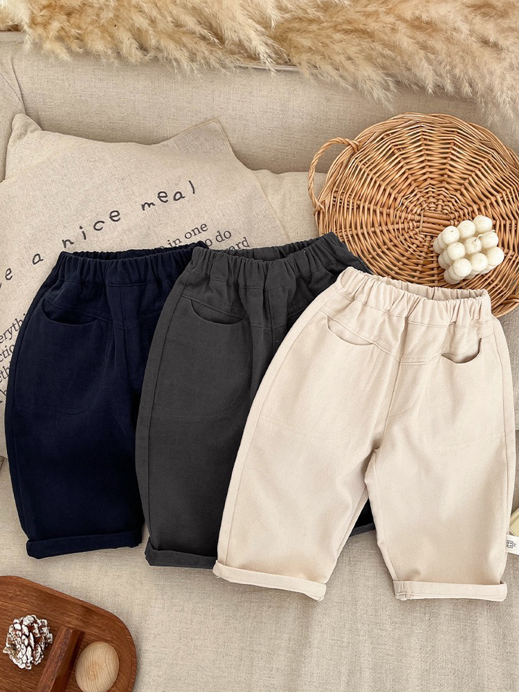 儿童春季休闲裤男女宝宝纯色百搭直筒口袋休闲裤