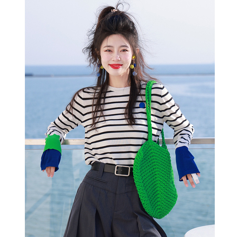 2025春夏新款女冷淡系打底衫醋酸拼色休闲长袖条纹针织衫T恤