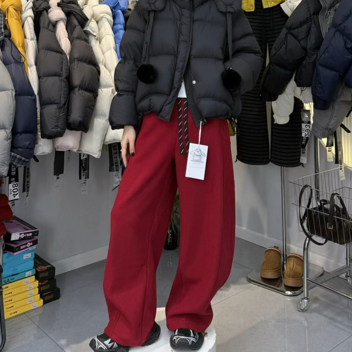 欢欢家16070冬季加绒加厚高腰抽绳显瘦阔腿直筒休闲女裤垂感