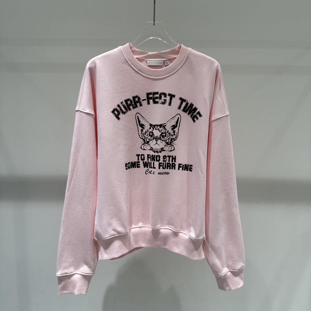 新款甜美减龄卡通猫咪字母圆领套头粉色卫衣女