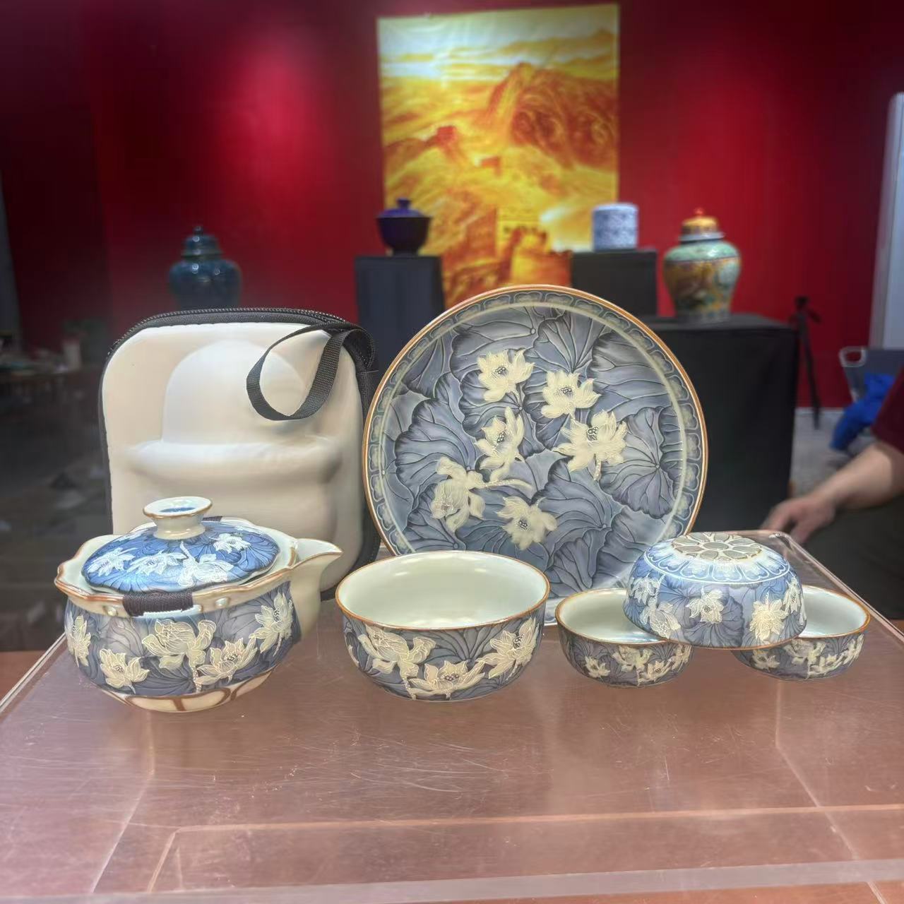 秋香茶具 掐丝银蓝彩荷花旅行茶具户外便携式旅行茶具-2933