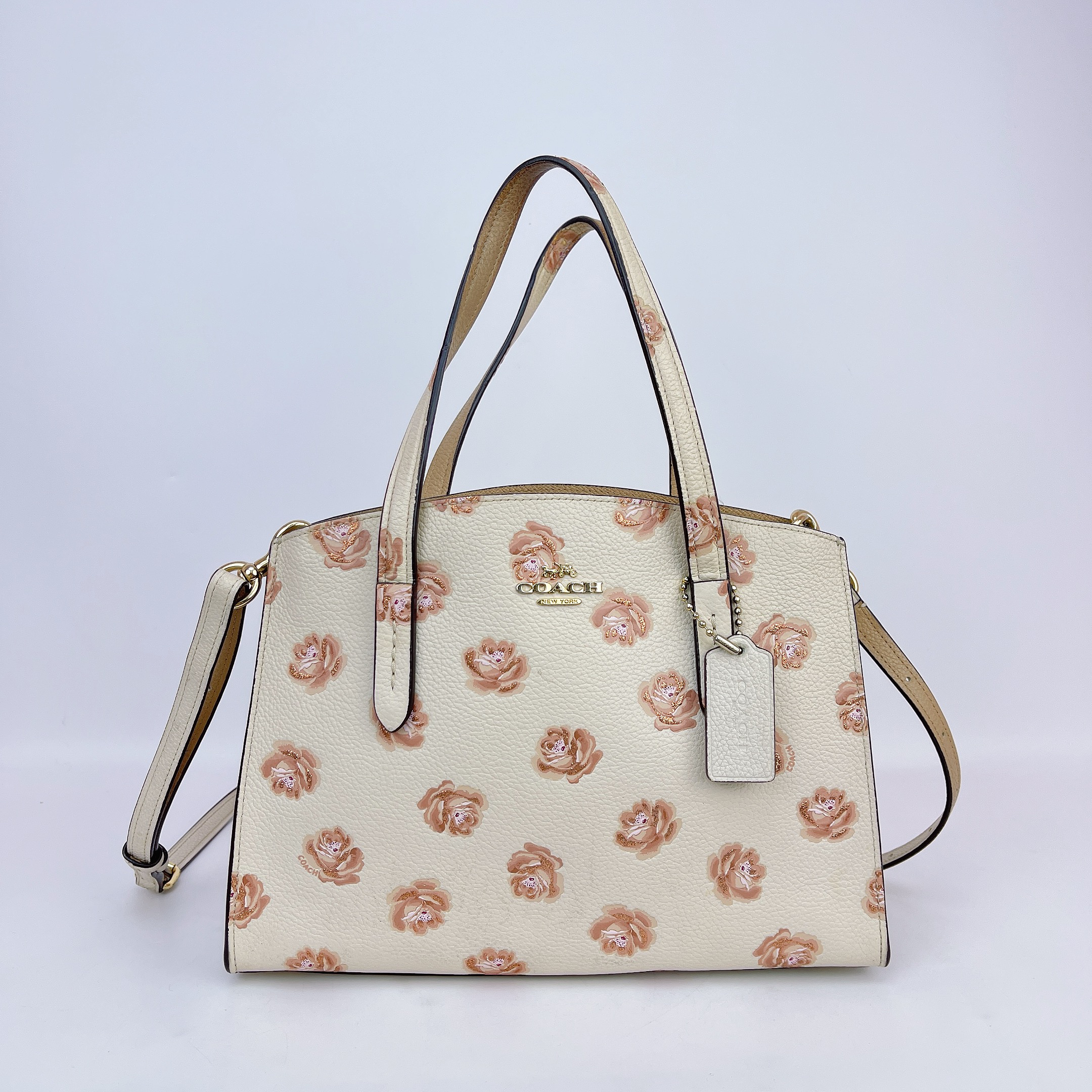 95新 COACH/蔻驰 蔻驰 白色花卉手提单肩包底长28 L519