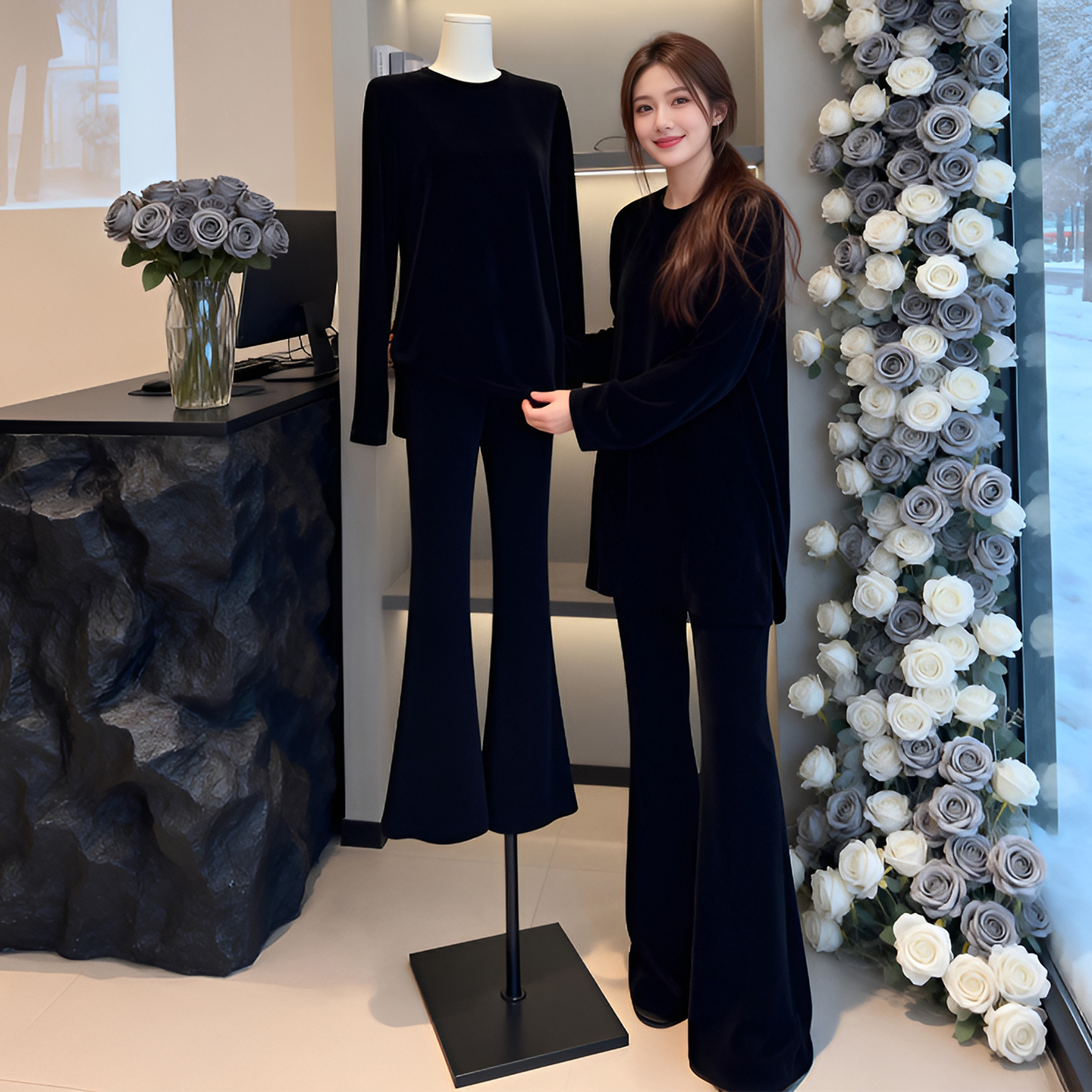 黑色时尚休闲套装女冬季2025新款减龄百搭长袖上衣高腰微喇阔腿裤