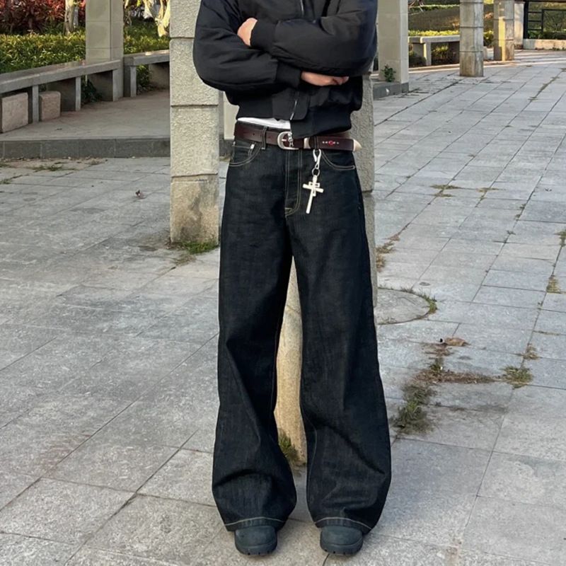 美式原色原牛丹宁弯刀牛仔裤男复古宽松慵懒休闲显瘦显高阔腿裤子