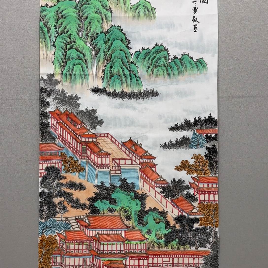 国画竖幅四尺工笔楼阁图贾敏