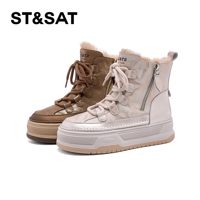 星期六时尚雪地靴女2025冬季新款复古圆头舒适百搭户外防寒短筒靴