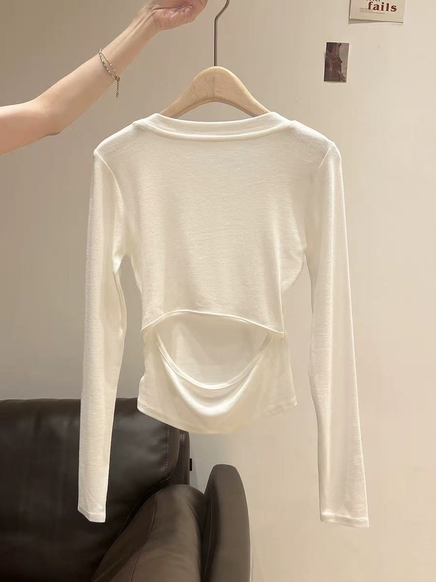 PEIPEI【小心机】新款春季修身显瘦辣妹休闲长袖纯色百搭T恤