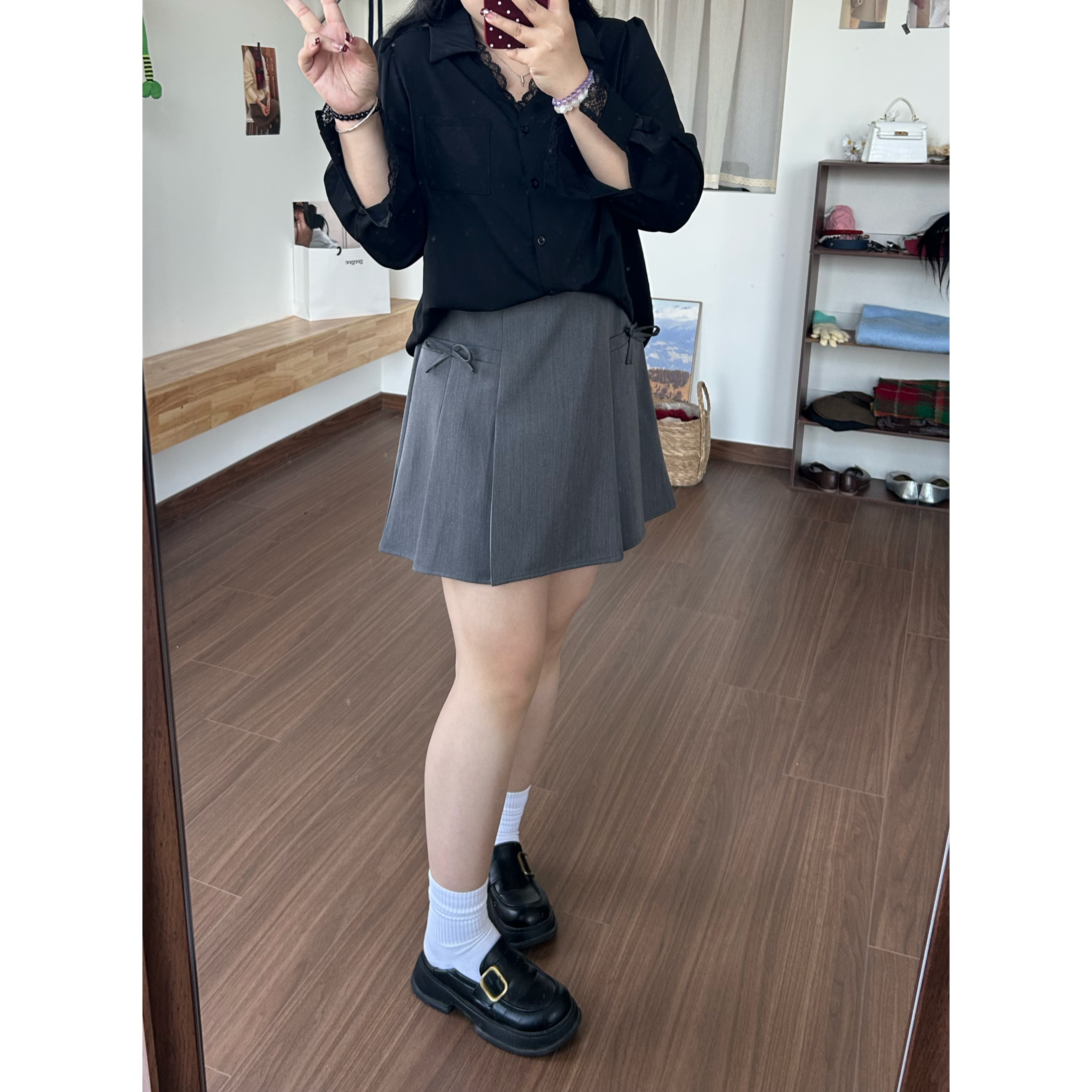 QINGYUS-气质高腰西装半身裙设计感蝴蝶结短裙微胖显瘦春大码女装