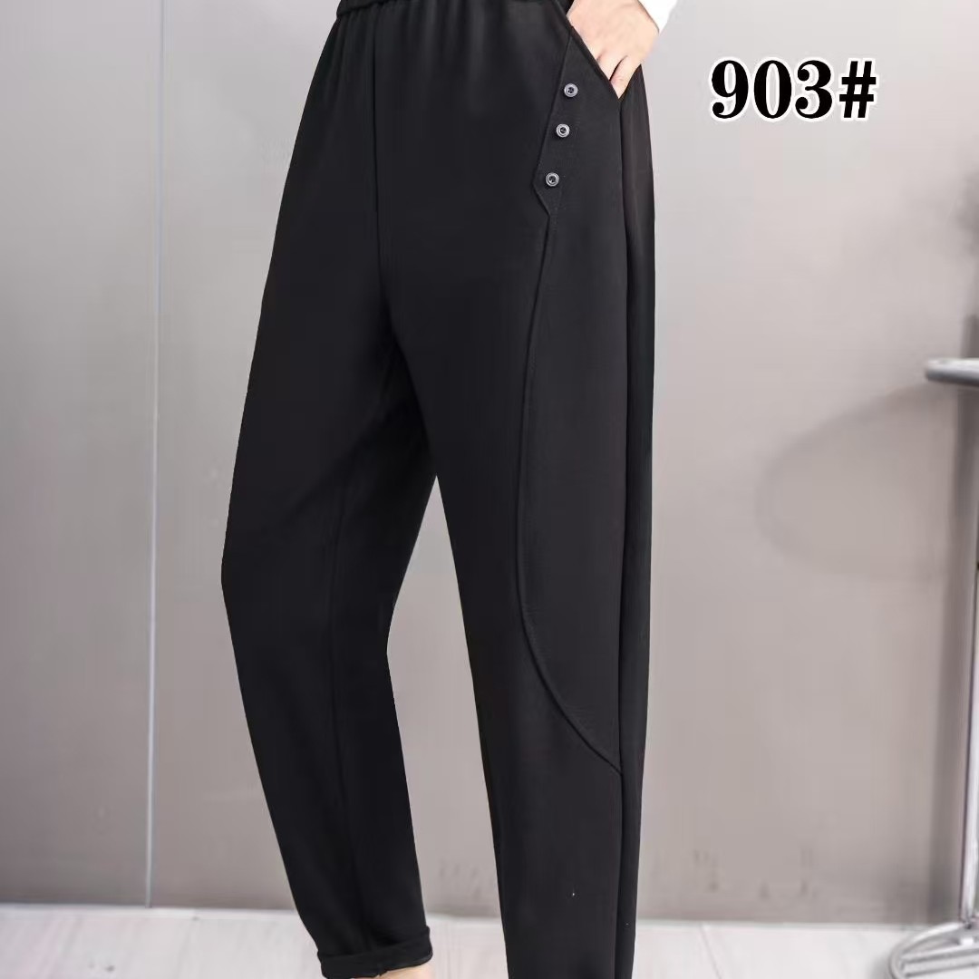 903兜扣松紧腰小黑裤