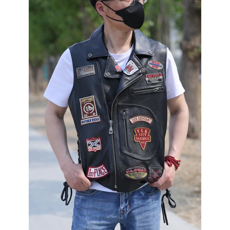 哈雷背心刺绣翻领牛皮马甲男士斜拉链收腰绳真皮机车马甲复古欧美