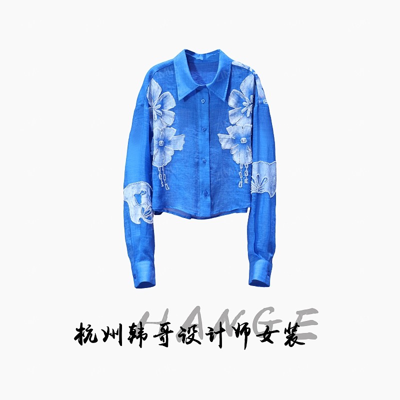 【韩哥女装】欧版埃及蓝印花钉珠时尚休闲轻薄小众阔版衬衫8129