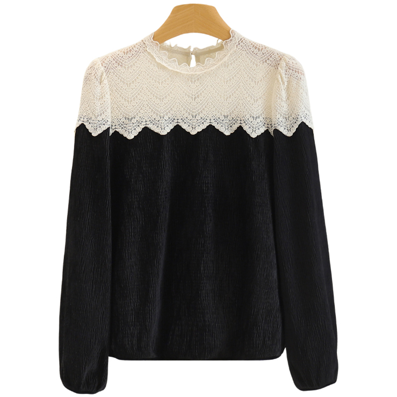 【开播福利】拼接蕾丝宽松圆领条纹长袖上衣#RDY48S004