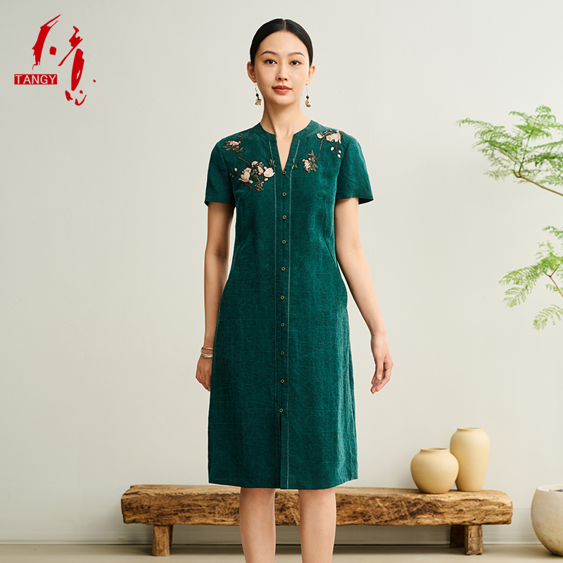 TANGY/天意2025夏季新款欧若新中式V领刺绣女连衣裙2252817