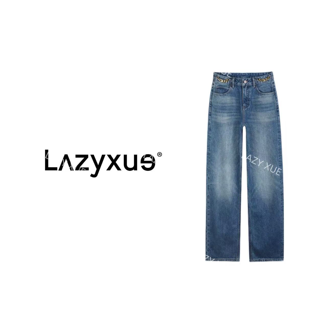 LAZYXUE薛懒懒/"凯旋门"时尚金色链饰高腰显瘦直筒牛仔裤 01826