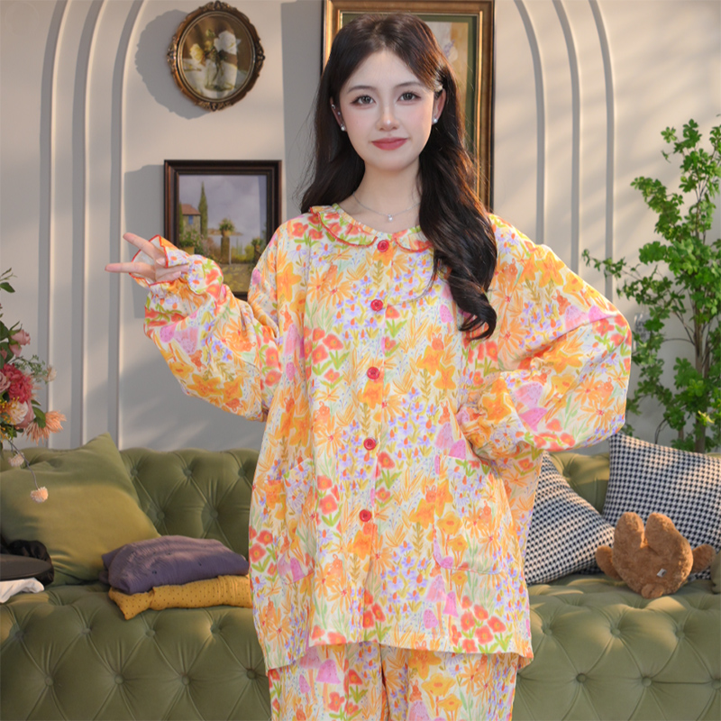 秋季新款纯棉睡衣卡通印花长袖长裤家居服胖mm娃娃领双层纱棉套装