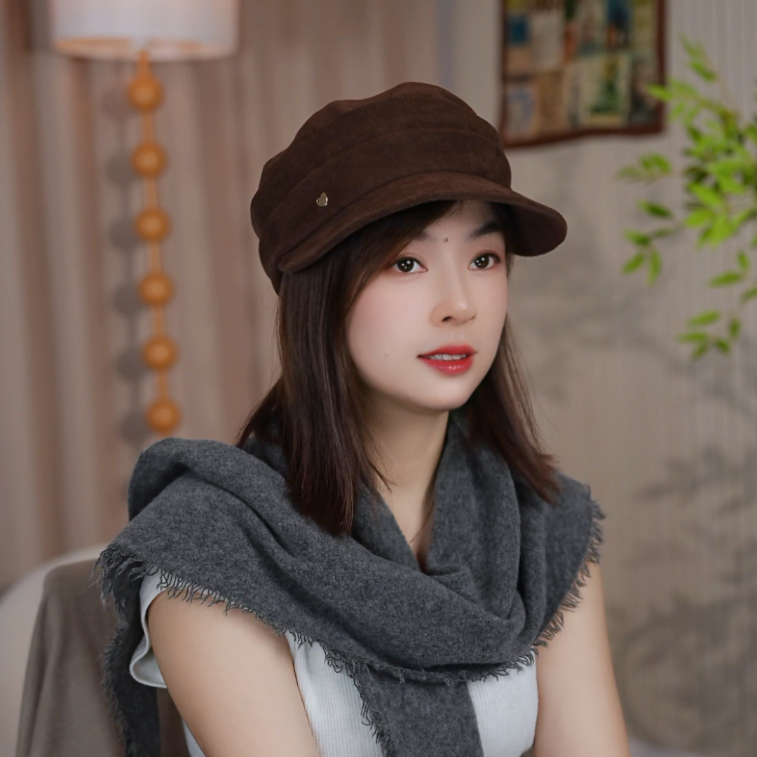 时尚纯色马术帽麂皮绒平顶鸭舌帽女休闲百搭日系春秋八角帽显脸小