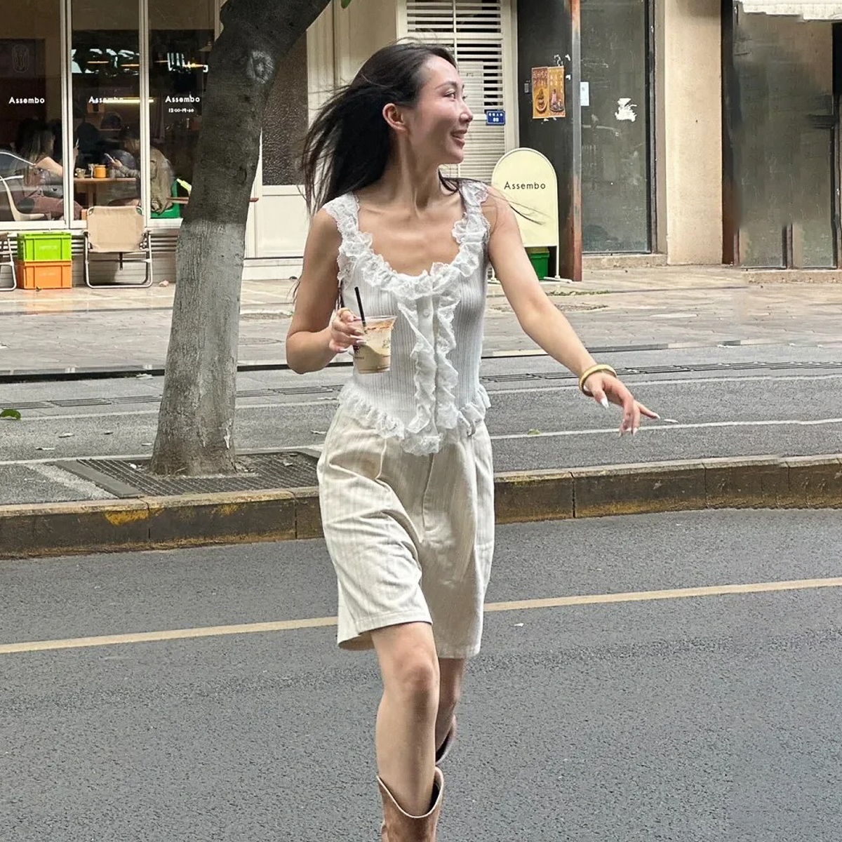 Palavas条纹褶皱休闲直筒中裤含腰链女