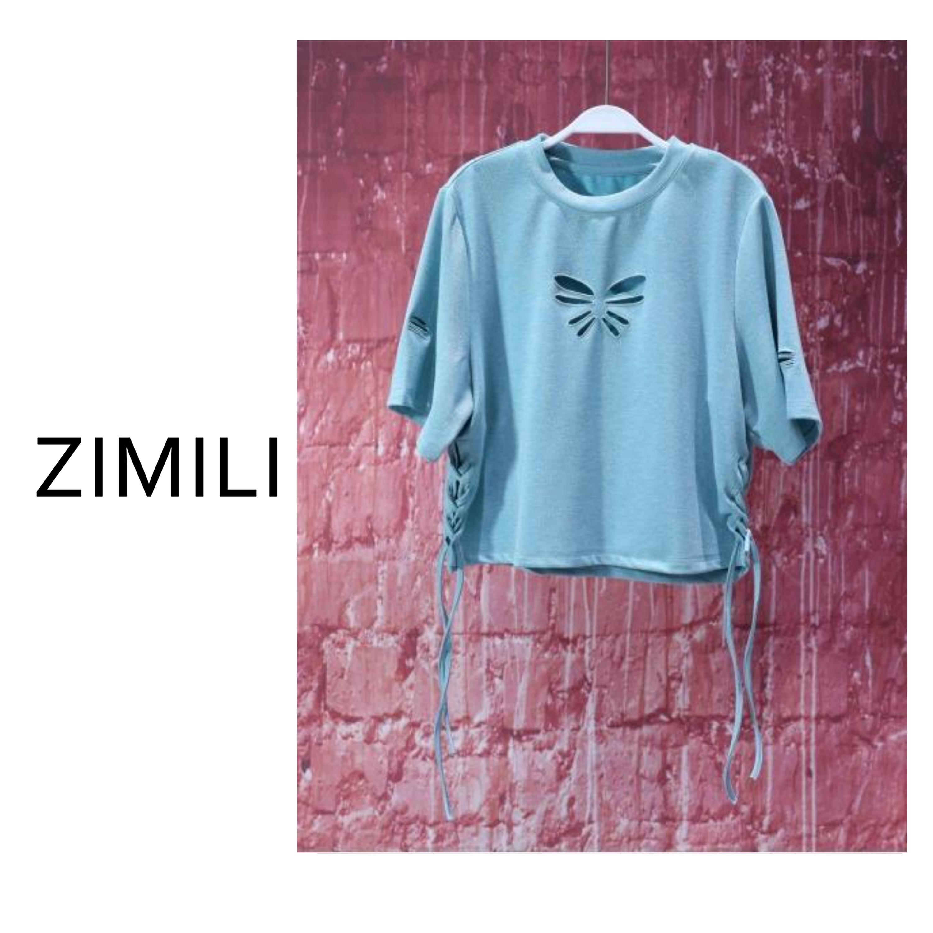 【亮哥女装】2025欧货夏季轻薄透气水蓝色蝴蝶收腰时尚休闲T恤8278