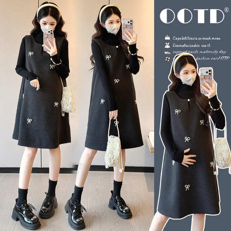 孕妇冬季小香风毛呢重工钉珠蝴蝶结背带裙中长款新款连衣裙