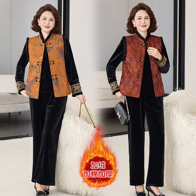 M8551秋冬新款中式国风棉马甲上衣三件套妈妈装加绒加厚丝绒套装