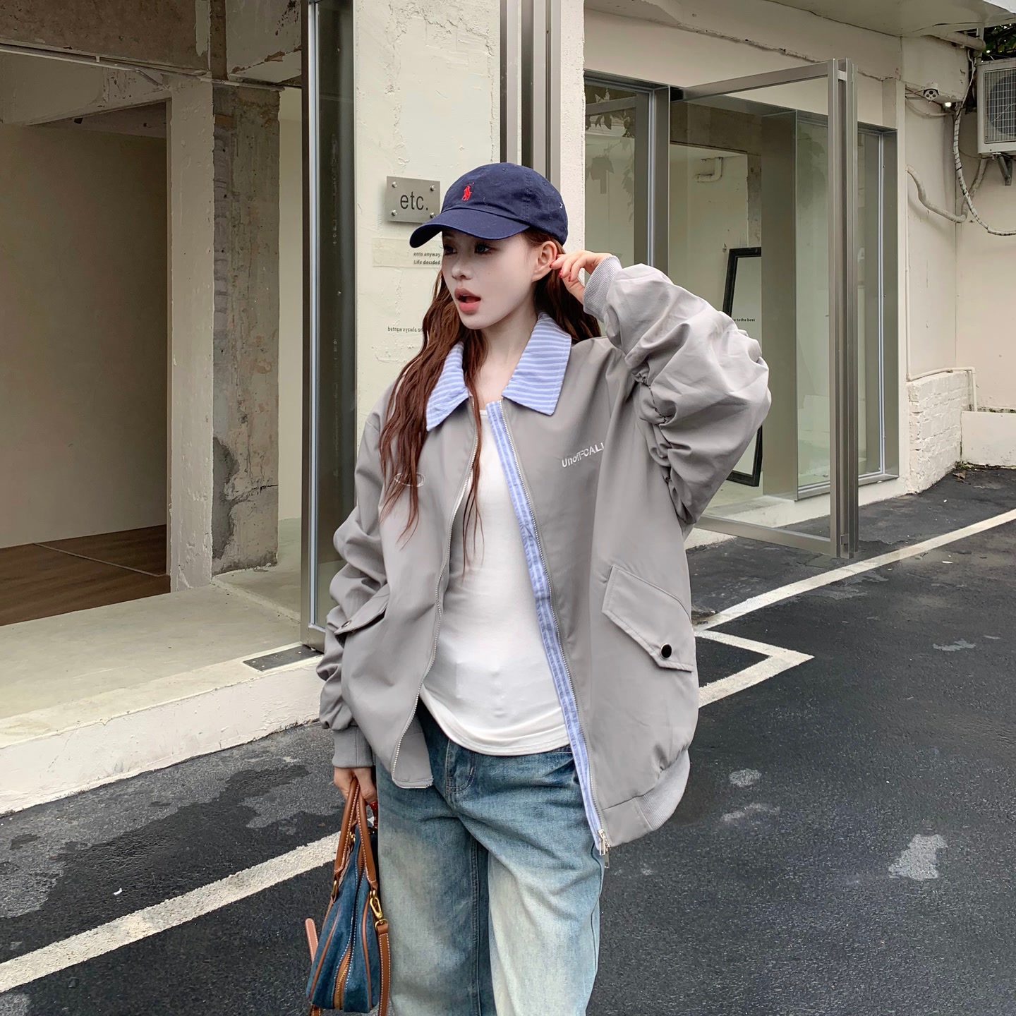 3MER 美式复古绣花假两件翻领棒球服秋冬季飞行夹克外套女