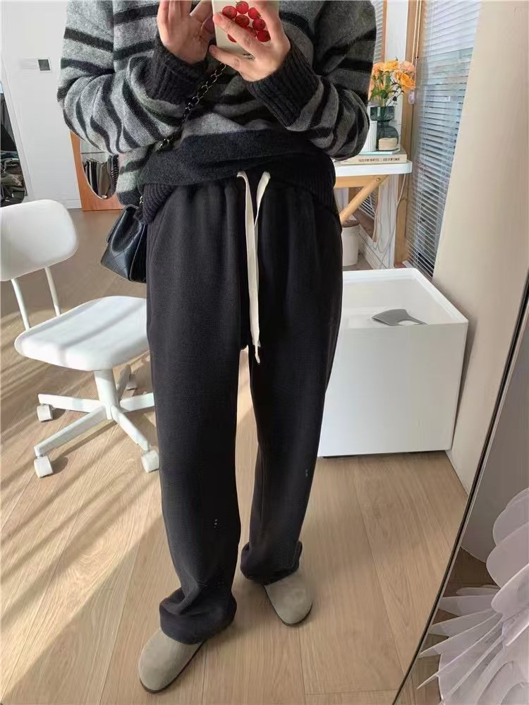 韩系冬款新款加绒德绒抽绳直筒显高显瘦休闲裤